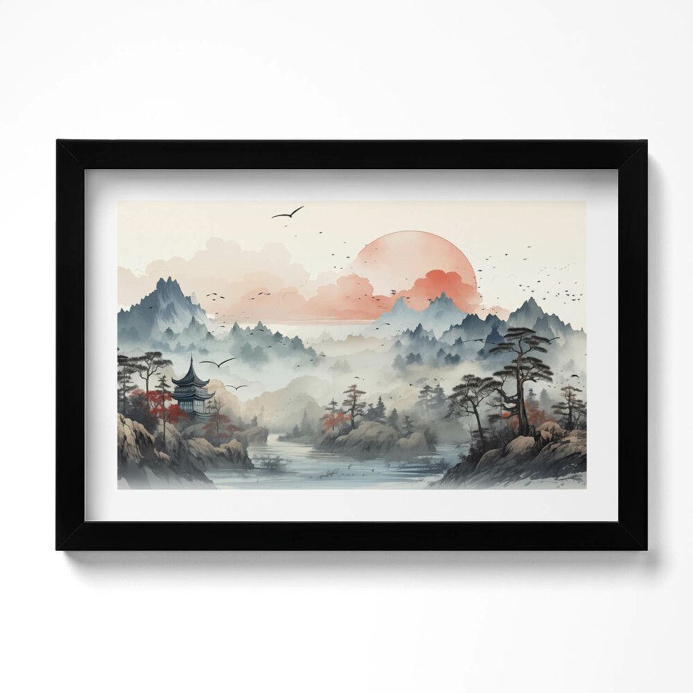 Tablou living cu rama original Peisaj forestier montan în stil japonez