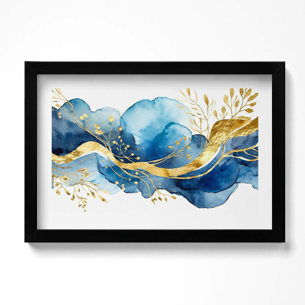 Tablou living cu rama original Abstractizare a plantelor aurii pe un fundal albastru