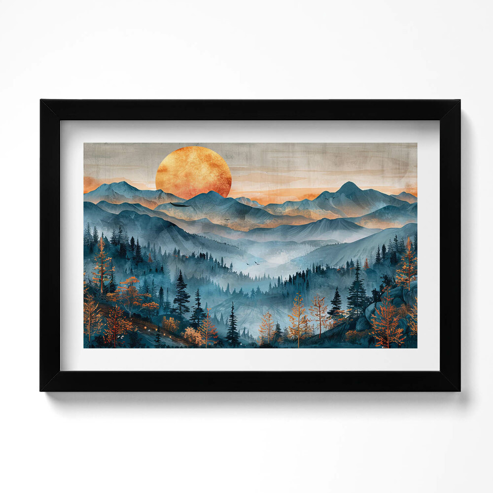 Tablou rama original Peisaj abstract al soarelui peste munți și păduri