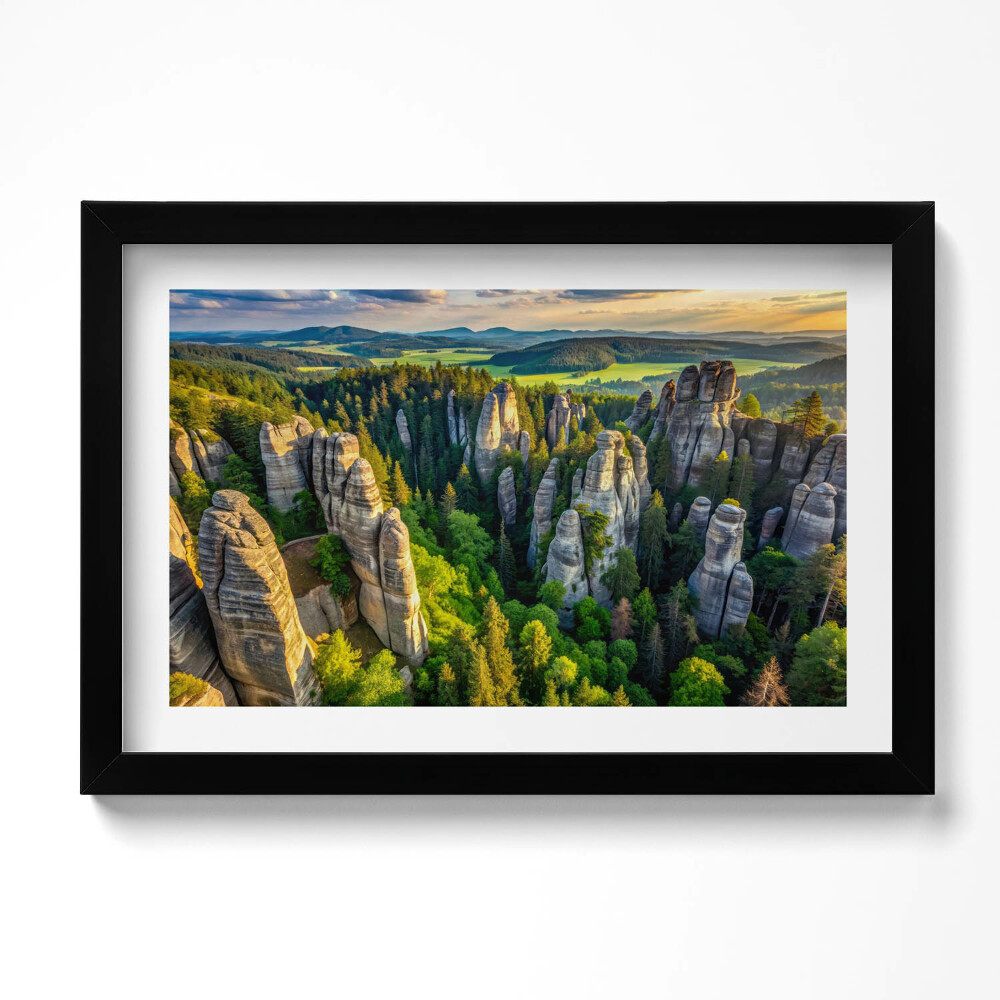 Tablou rama original O vedere panoramică asupra peisajului cu munți și păduri unice