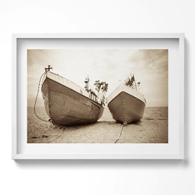 Tablou rama excepţional Două bărci pe plajă - sepia