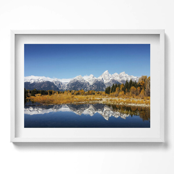 Tablou living cu rama excepţional Lacul de munte și copacii de toamnă