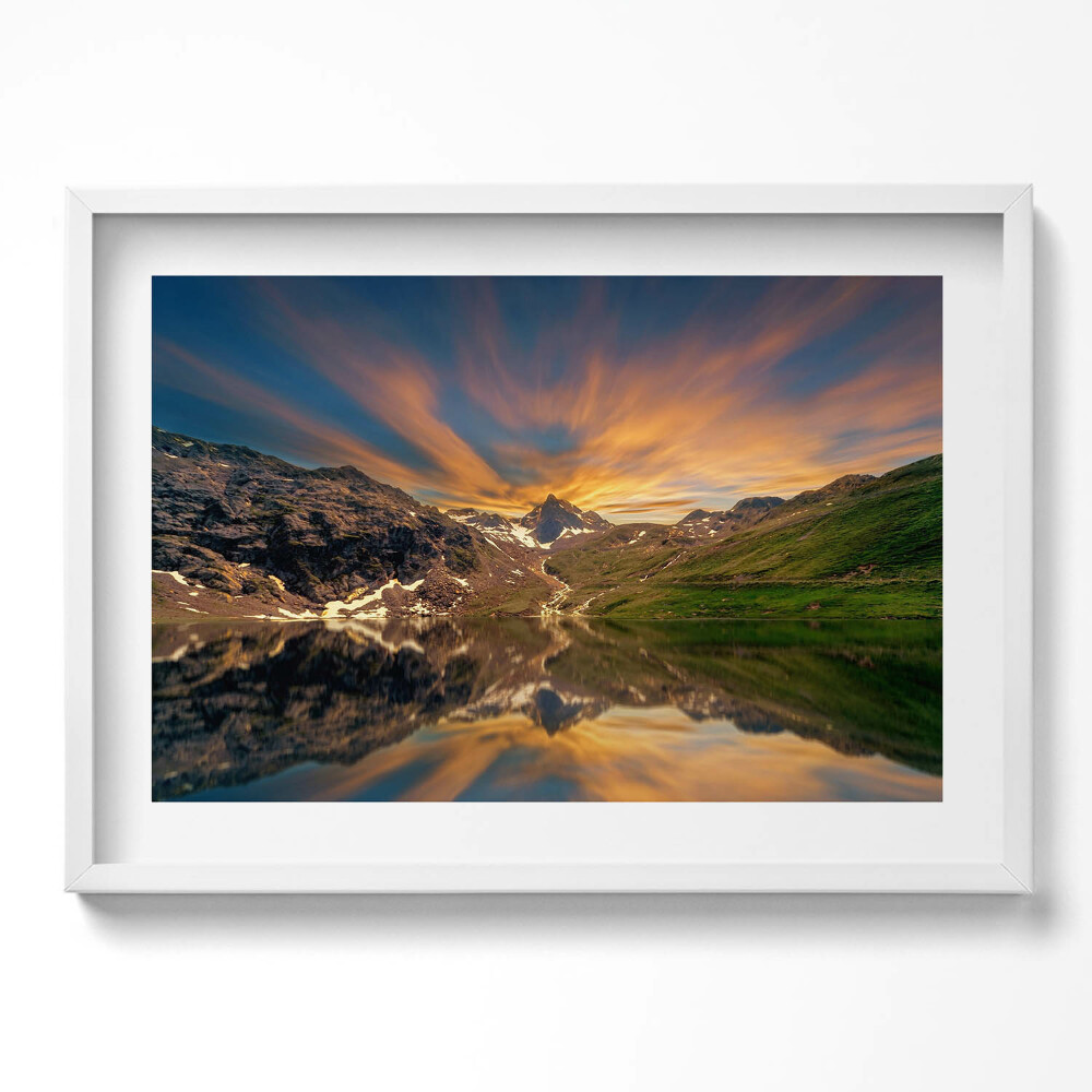 Tablou rama excepţional Lacul de munte și apusul soarelui