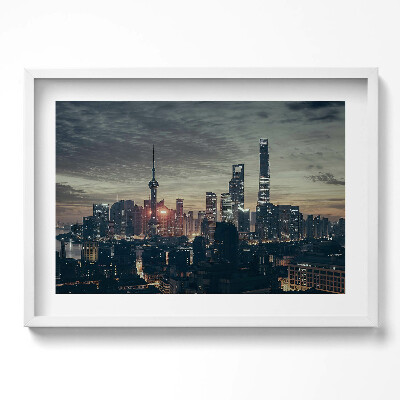 Tablou living cu rama excepţional Panoramă a orașului Shanghai noaptea