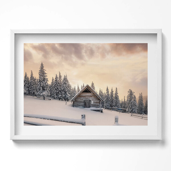 Tablou living cu rama excepţional Peisaj al unei cabane montane iarna și la apus