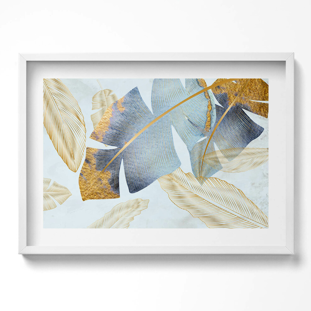 Tablou living cu rama excepţional Frunze de bananier glamour cu aur