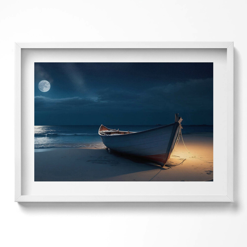 Tablou rama excepţional O barcă pe plajă noaptea