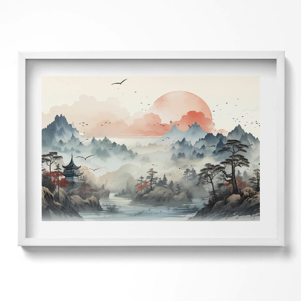 Tablou living cu rama excepţional Peisaj forestier montan în stil japonez