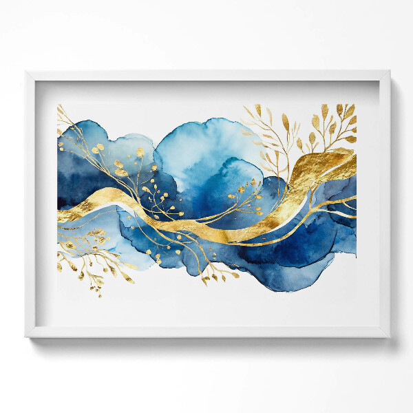 Tablou living cu rama excepţional Abstractizare a plantelor aurii pe un fundal albastru
