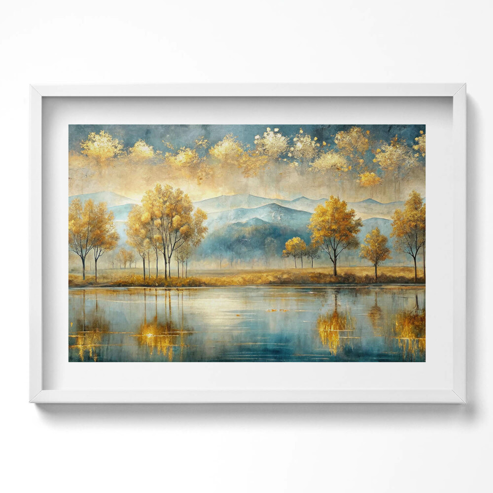 Tablou living cu rama excepţional Peisaj abstract cu copaci aurii lângă lac