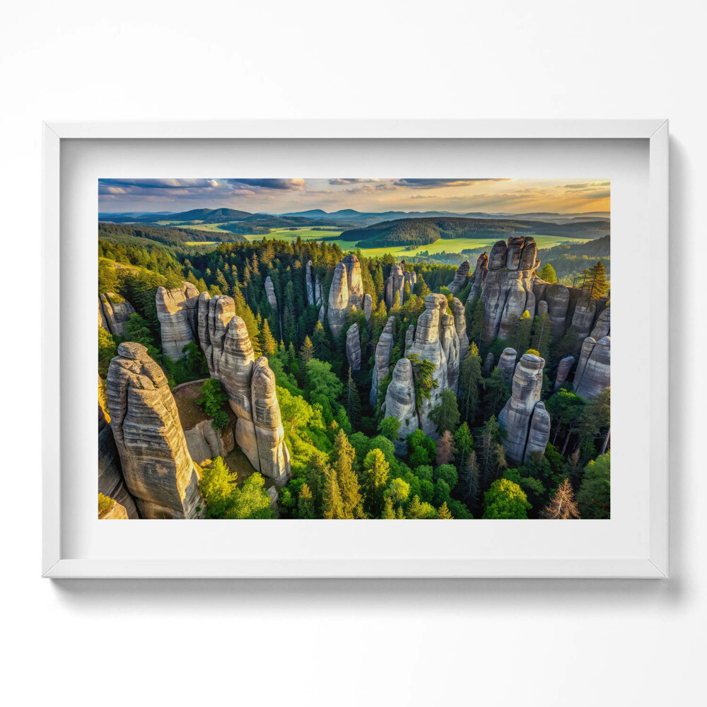 Tablou rama excepţional O vedere de sus a peisajului cu munți și păduri unice