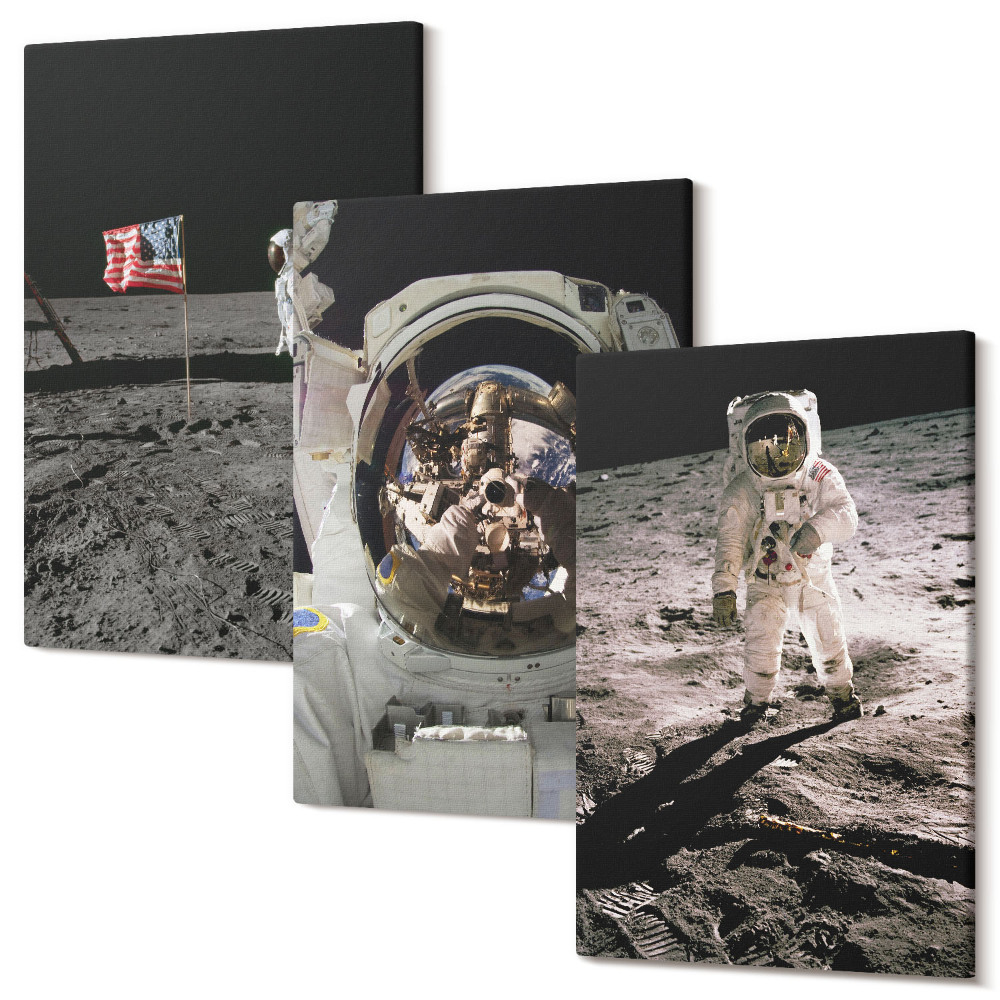 Set tablouri canvas triptic Fotografii astronauților care aterizează pe lună