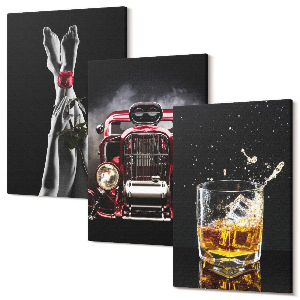 Tablou 3 piese Picioare de femeie cu un trandafir, o mașină veche, un pahar de whisky