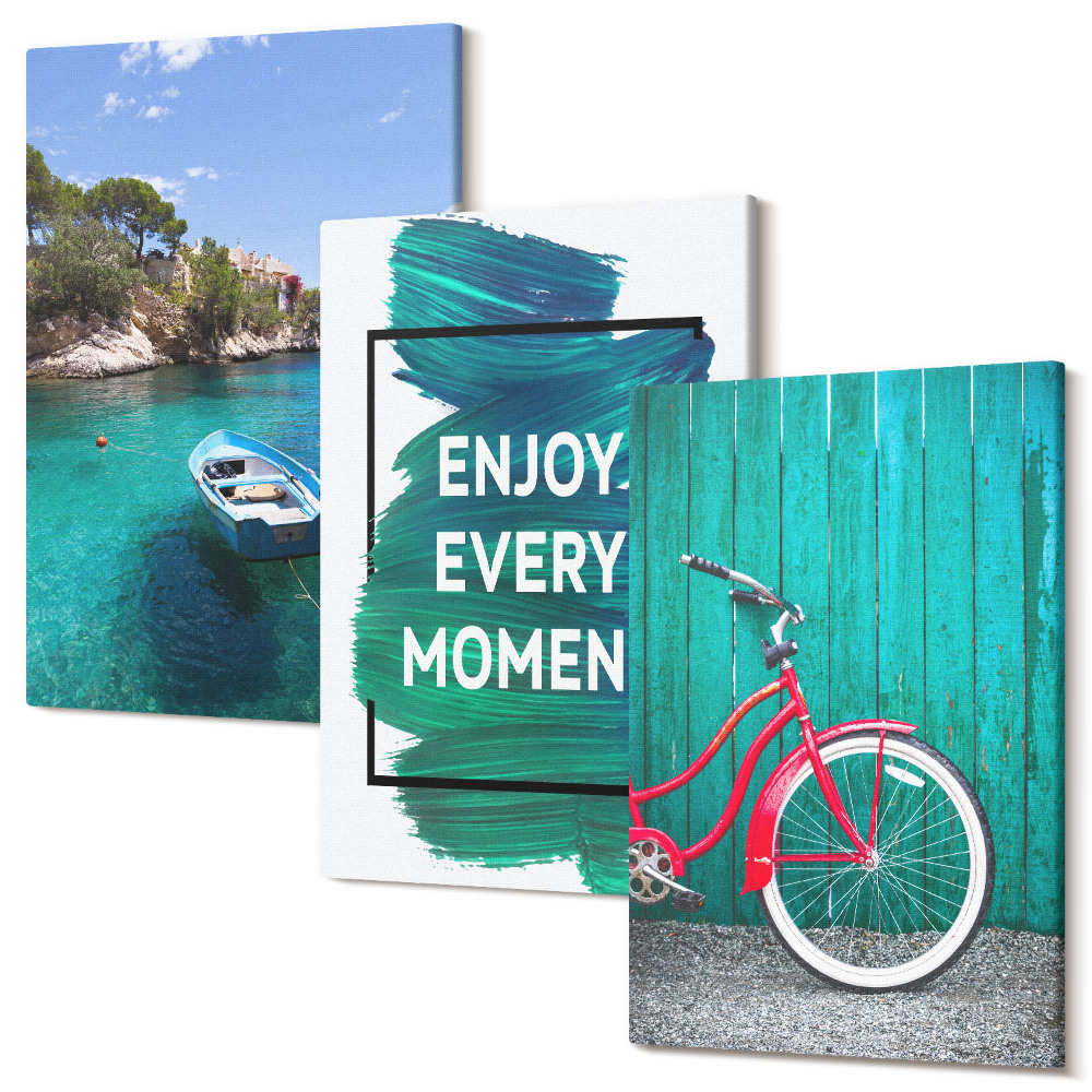 Tablou canvas set triptic Vedere la mare cu inscripție inspirațională pentru bicicletă cu barca