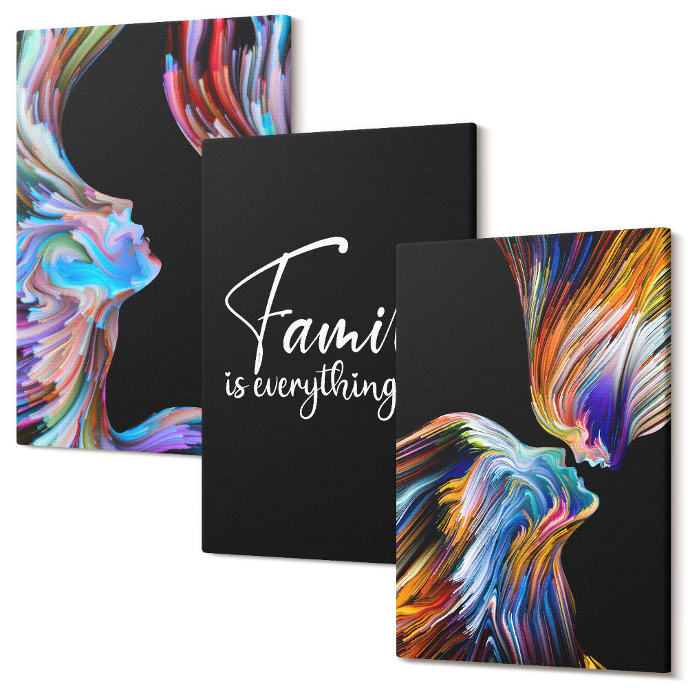 Tablou 3 piese Portrete de oameni în modele colorate și o inscripție despre familie