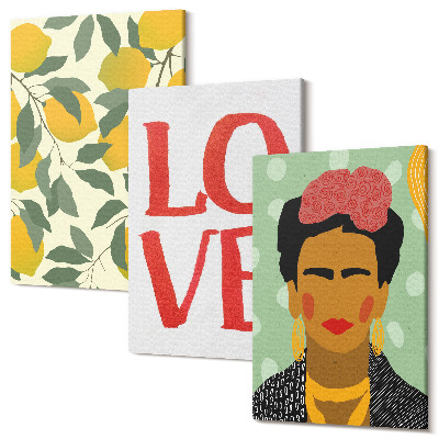 Tablou 3 piese Lămâi cu inscripția LOVE pictat portretul Fridei Kahlo