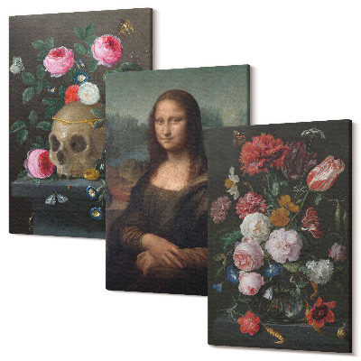 Set tablouri canvas triptic Portret cu craniu cu flori de epocă și Mona Lisa de Leonardo da Vinci