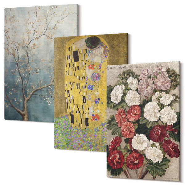 Set tablouri canvas triptic Flori și copaci în stilul picturii Sărutul de Gustav Klimt
