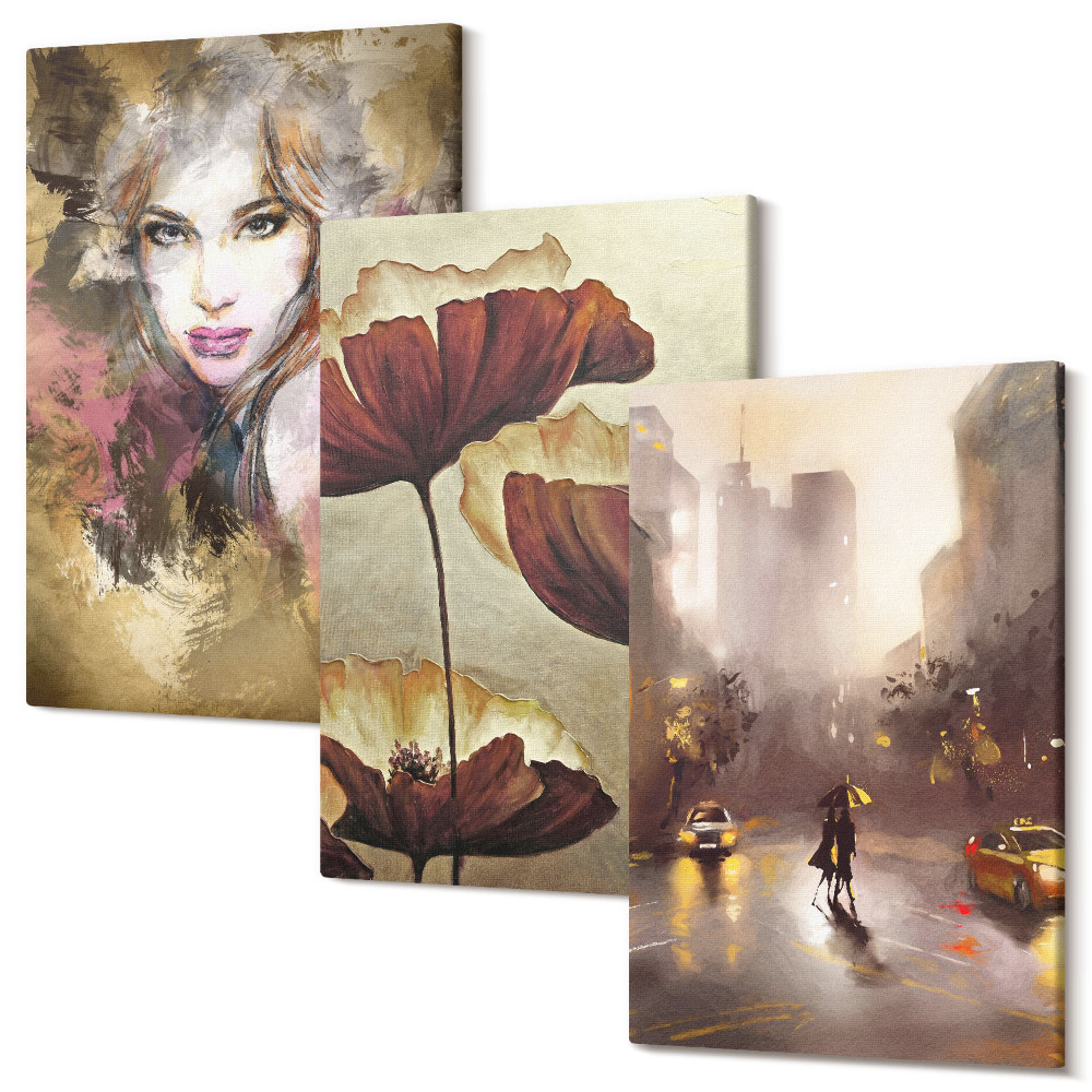 Tablou 3 piese Portret abstract al unei femei, flori, oraș în ploaie