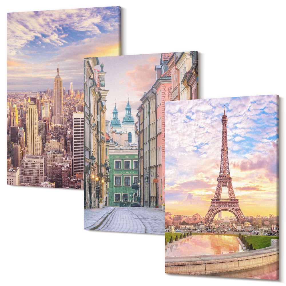 Tablou canvas set triptic Vedere a orașelor New York, Paris și Varșovia la amurg