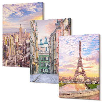 Tablou canvas set triptic Vedere a orașelor New York, Paris și Varșovia la amurg