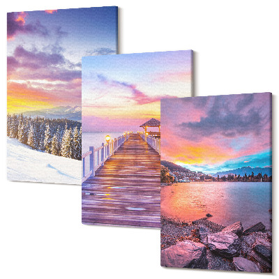 Set tablouri canvas triptic Peisaj montan de iarnă cu un dig pe lac