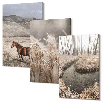 Tablou canvas set triptic Cai într-un peisaj de ierburi și un pârâu de iarnă
