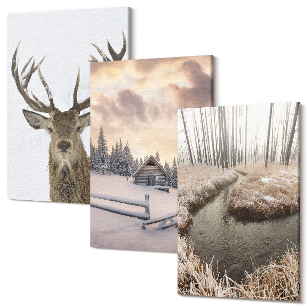 Tablou canvas set triptic Peisaj de iarnă cu o colibă de căprioare și un pârâu