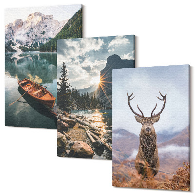Tablou 3 piese Munte lac barcă apus de soare cerb în natură