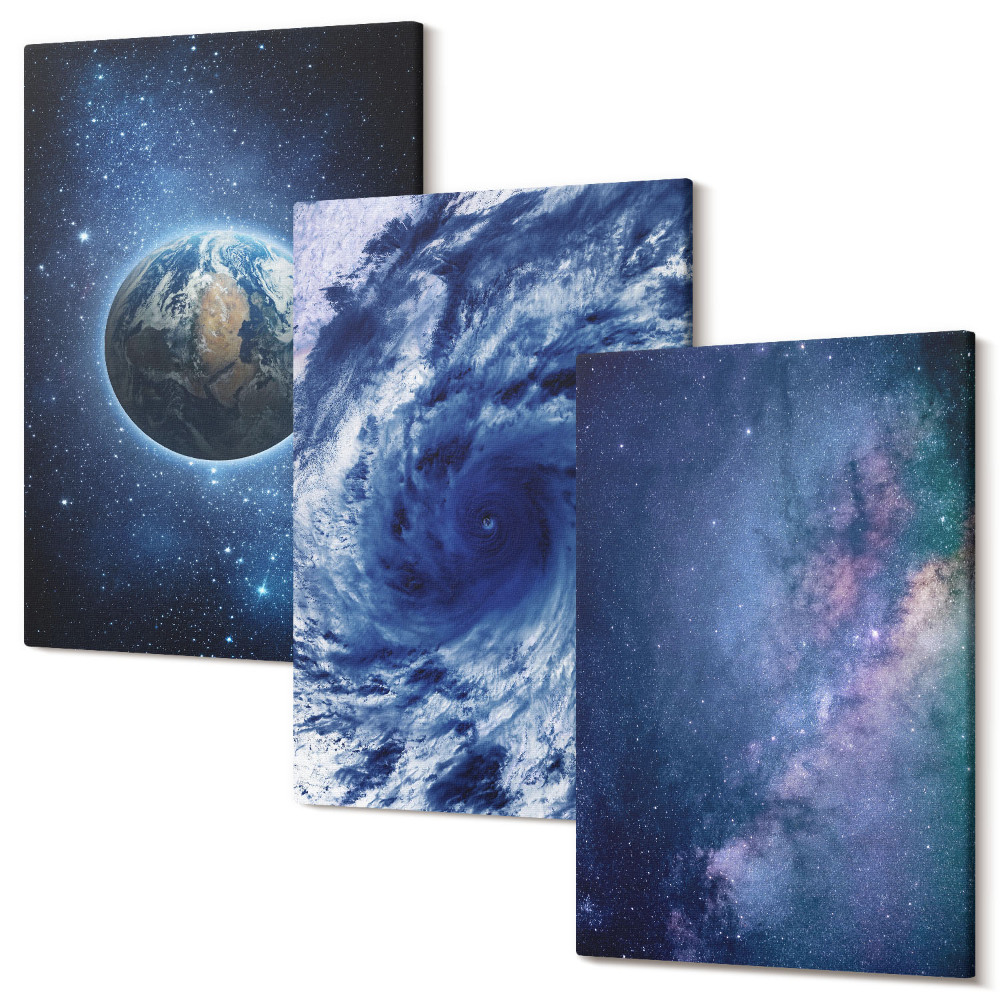 Tablou canvas set triptic Pământ în spațiu, furtună și galaxie de stele