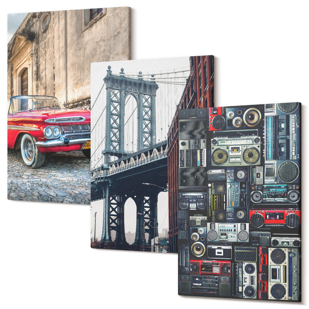 Set tablouri canvas triptic O mașină veche pe stradă lângă Podul Brooklyn și echipamente audio retro