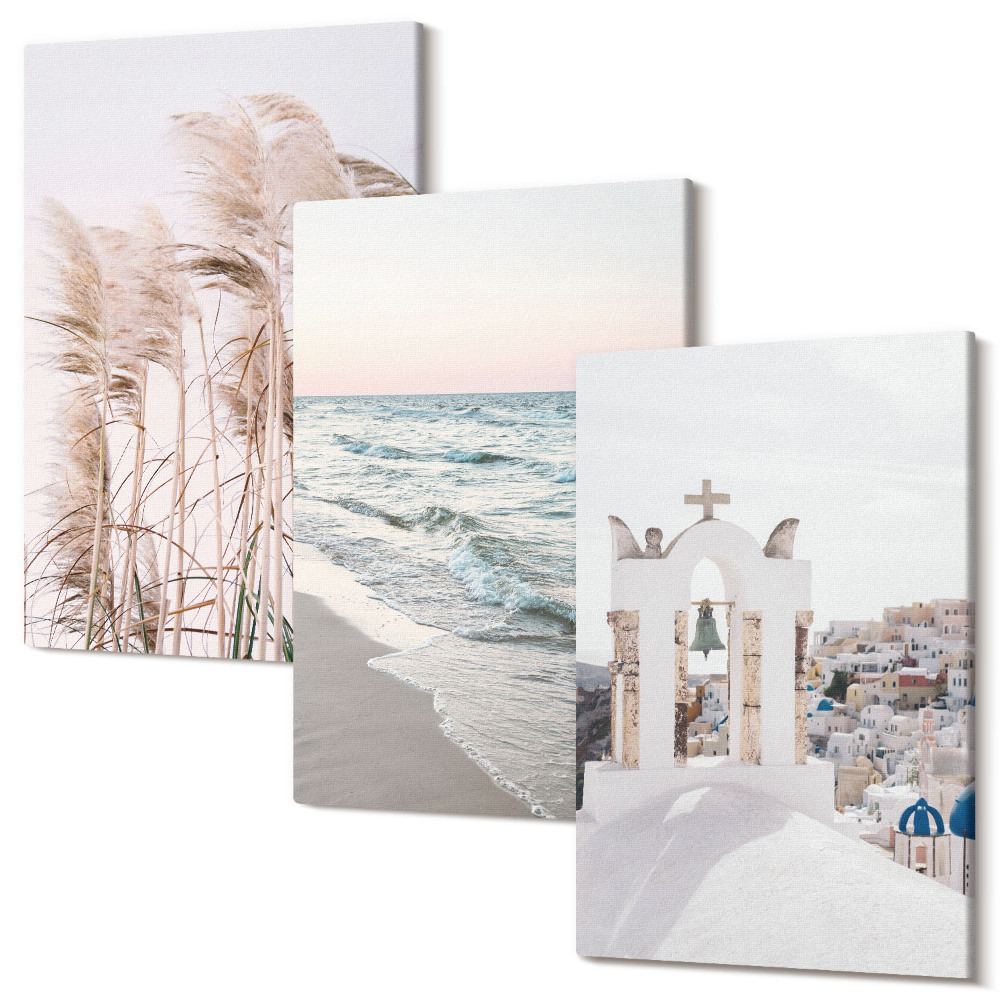 Tablou 3 piese Plante de pe litoral, valuri de mare, vedere la case albe