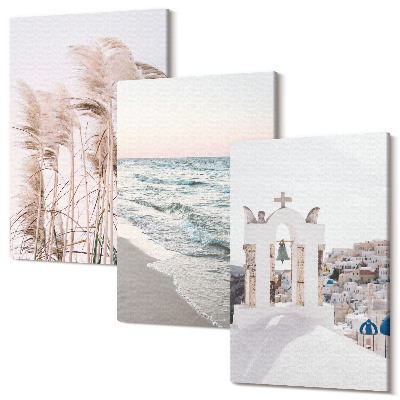 Tablou 3 piese Plante de pe litoral, valuri de mare, vedere la case albe