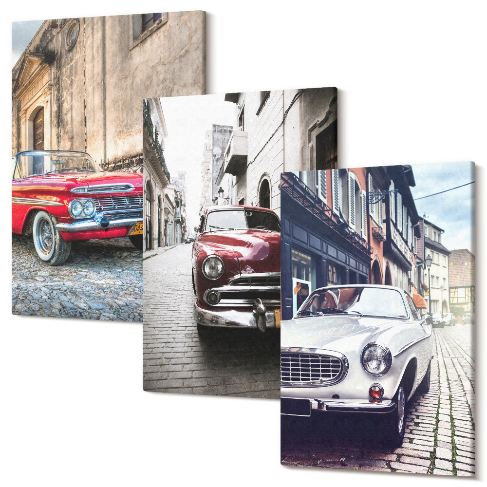 Set tablouri canvas triptic Mașini clasice pe străzile orașului în diferite culori
