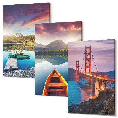 Set tablouri canvas triptic Vedere la munte cu lacuri, bărci și un pod