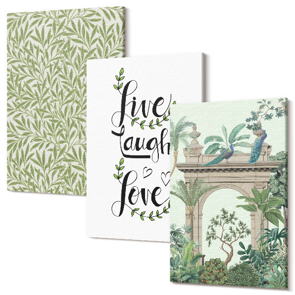 Set tablouri canvas triptic Frunze verzi, inscripții și plante exotice în arhitectură