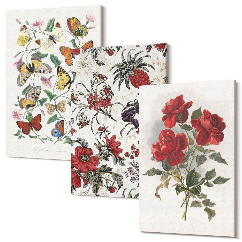 Set tablouri canvas triptic Fluturi, flori și trandafiri roșii în stil clasic