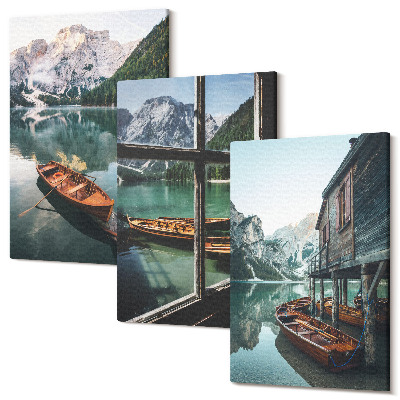 Tablou 3 piese Vedere la un lac de munte cu bărci și o casă lângă apă
