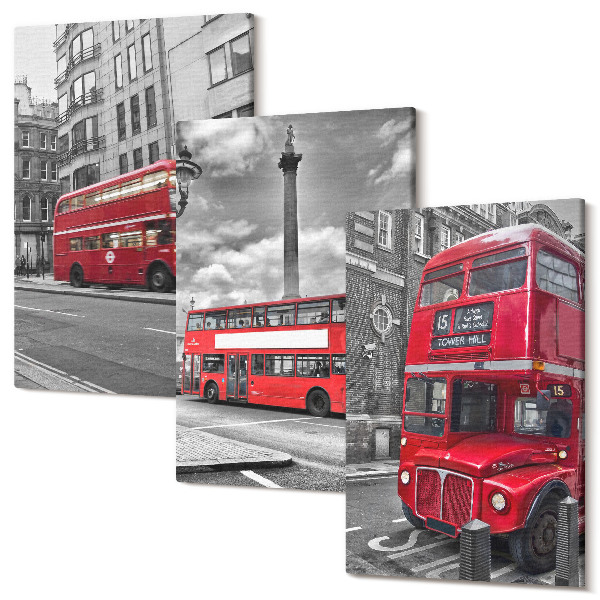 Set tablouri canvas triptic Autobuze roșii în peisajul urban al Londrei