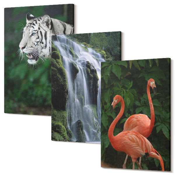 Tablou 3 piese Cascada de tigru și flamingo roz în natură