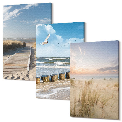 Tablou canvas set triptic Plaja cu nisip, valuri, cer si pasari in zbor
