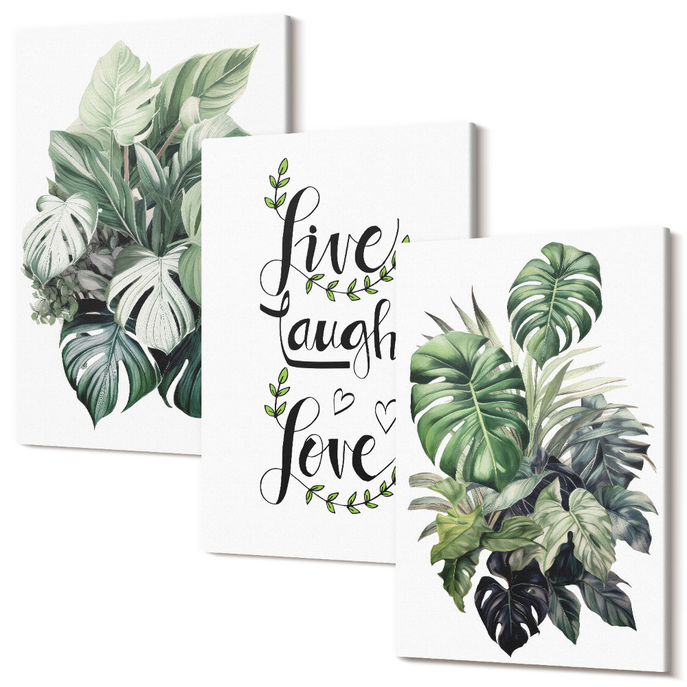 Tablou 3 piese Plante cu frunze cu cuvintele trăiesc, râzi, iubesc