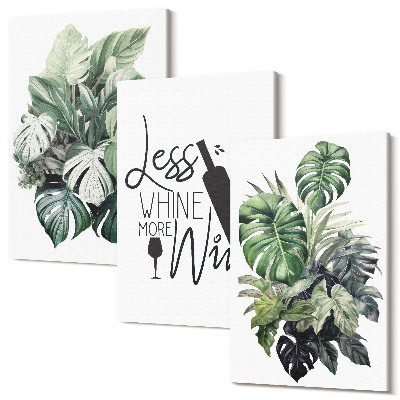 Set tablouri canvas triptic Plantați frunze în nuanțe de verde cu inscripția despre vin