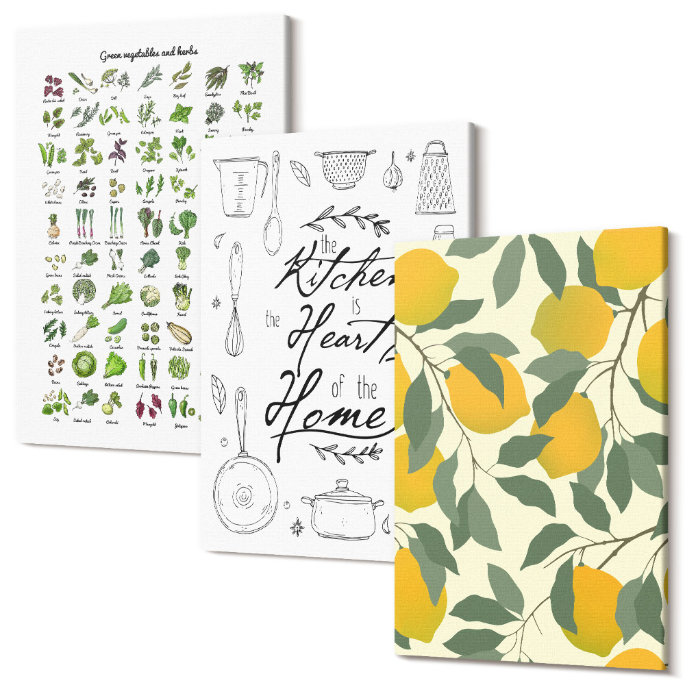 Tablou canvas set triptic Listă de ierburi, semn de bucătărie și lămâi pictate