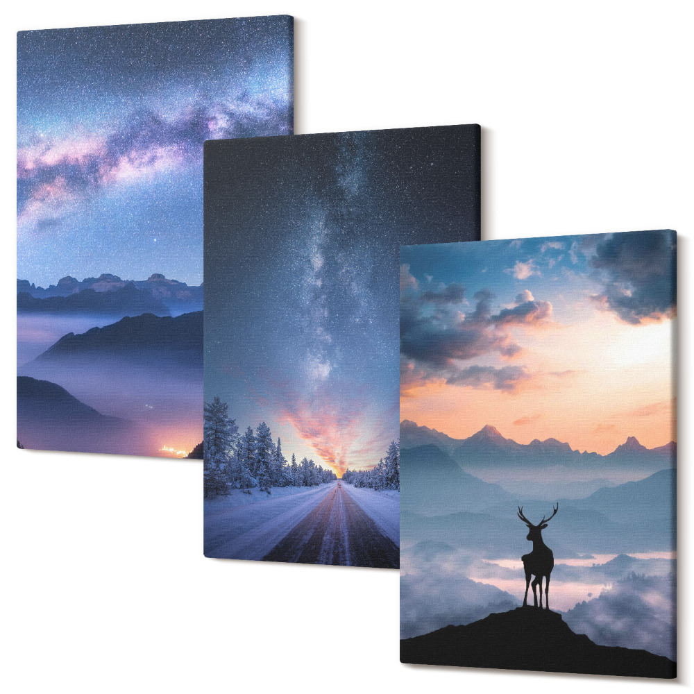Tablou 3 piese Cer de noapte, munți, peisaje în ceață și căprioare