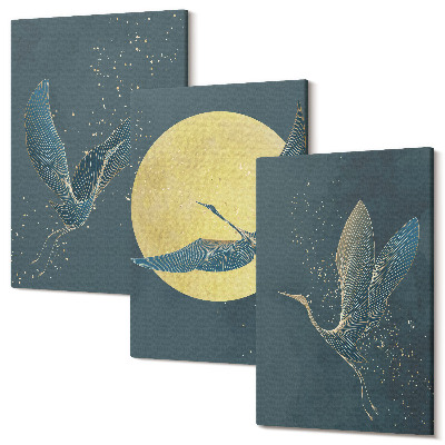 Set tablouri canvas triptic Păsări-macara în zbor pe fundalul lunii și stelelor