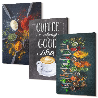 Tablou 3 piese Condimentează cafeaua cu o ceașcă de modele de ierburi de bucătărie