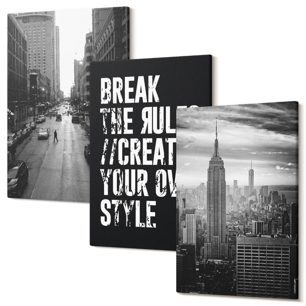 Set tablouri canvas triptic Străzile orașului în alb și negru, cu o inscripție inspirată