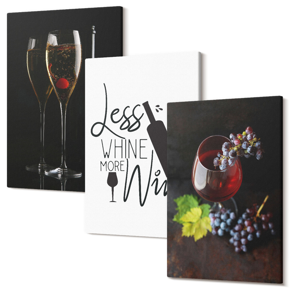 Set tablouri canvas triptic Pahare de vin cu struguri și o inscripție despre vin