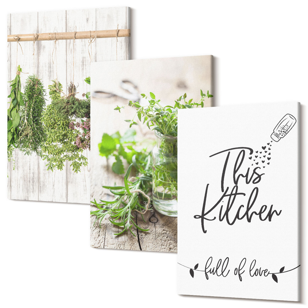Tablou 3 piese Motiv de bucătărie cu inscripția ierburi uscate